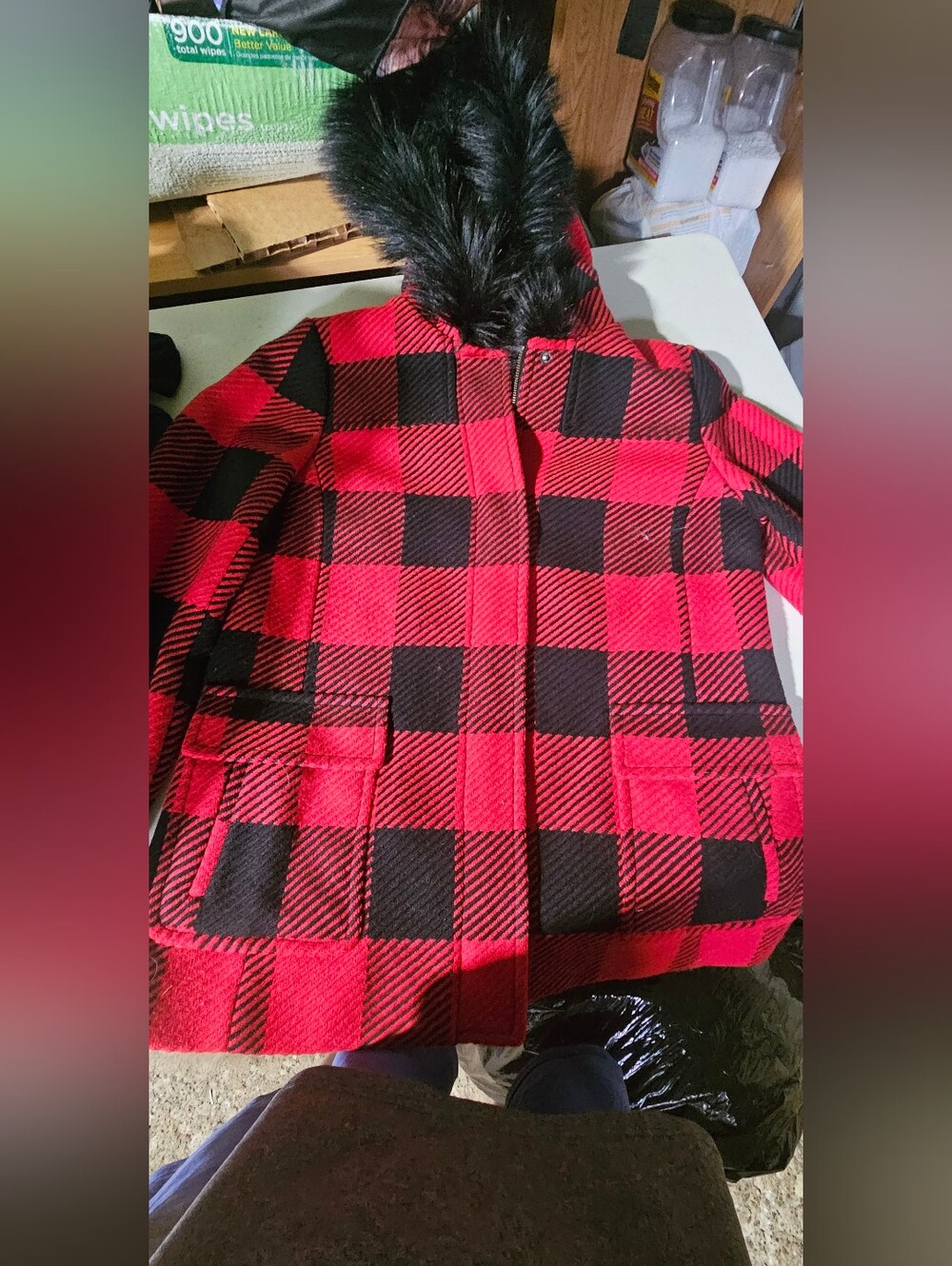 Talbots Womens Red & Black Buffalo Plaid Hooded Coat with Faux Fur Trim Xs